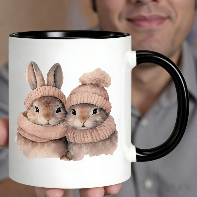 Tailorly Black Accent 11 oz Mug - 2 bunnies in pink knit hats and scarves