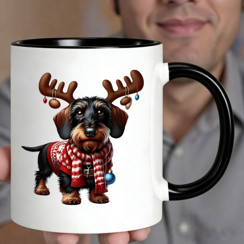 Tailorly Black Accent 11 oz Mug - cute christmas dachshund with reindeer antlers festive attire