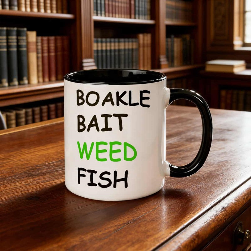 Tailorly Black Accent 11 oz Mug - fishing themed cup with boat， tackle， bait， fish， text design