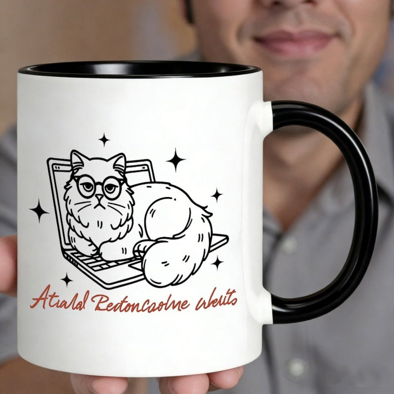 Tailorly Black Accent 11 oz Mug - cat with glasses on laptop