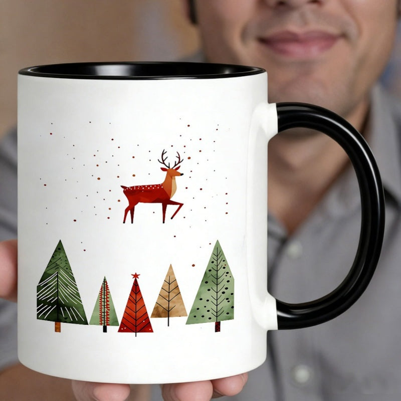 Tailorly Black Accent 11 oz Mug - christmas deer snowflakes vibrant trees