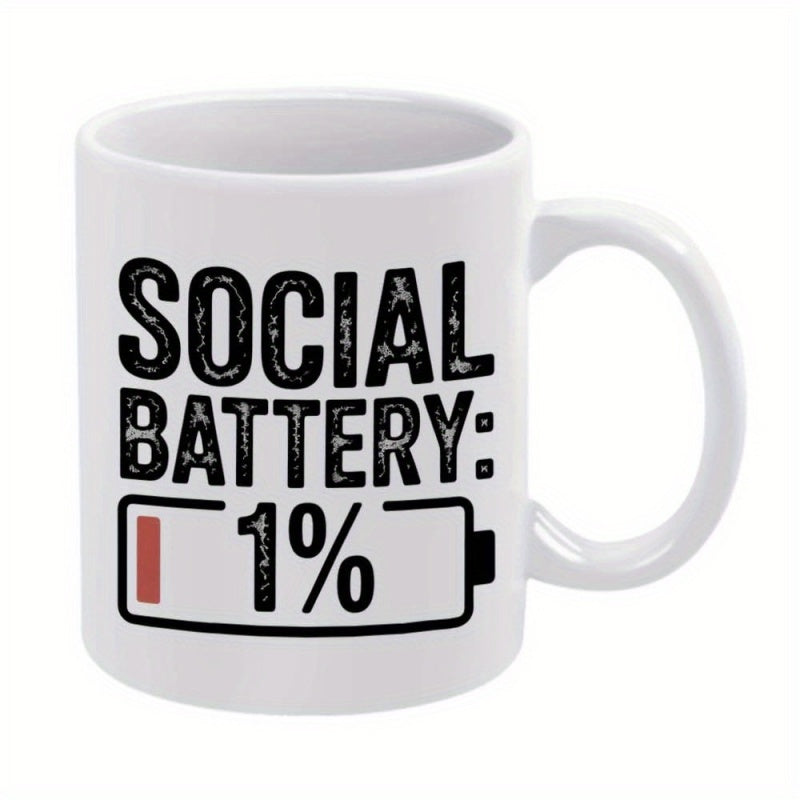 Tailorly White Ceramic 11 oz Mug - Social Battery Minimalist Low Charge Icon With Distressed Textures And Red Bar Battery