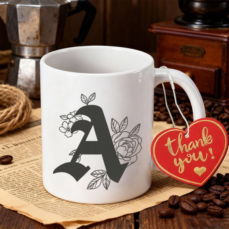 Tailorly White Ceramic 11 oz Mug - A Elegant Gothic Style Initial With Delicate Hand Drawn Floral Line Art Letter