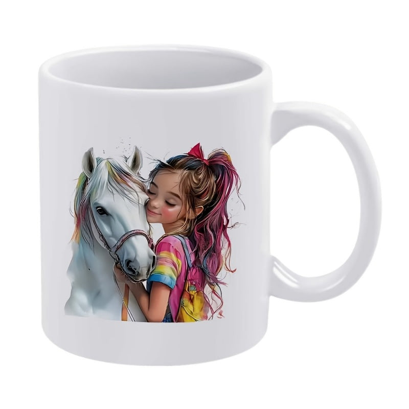 Tailorly White Ceramic 11 oz Mug - Beautiful Young Girl With Vibrant Rainbow Hair Embracing A Graceful White Horse