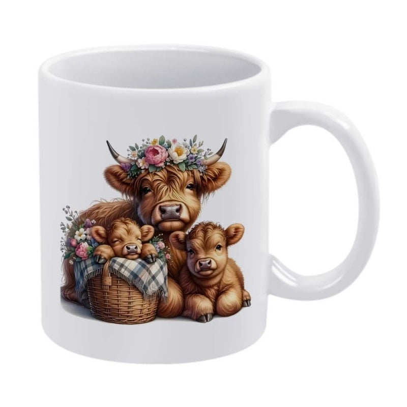 Tailorly White Ceramic 11 oz Mug - Charming Highland Mothers And Calves Wearing Delicate Floral Crowns Resting Together Cow