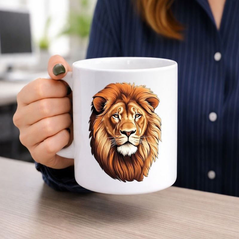 Tailorly White Ceramic 11 oz Mug - Majestic Head With Thick Golden Mane And Focused Intense Eyes Lion