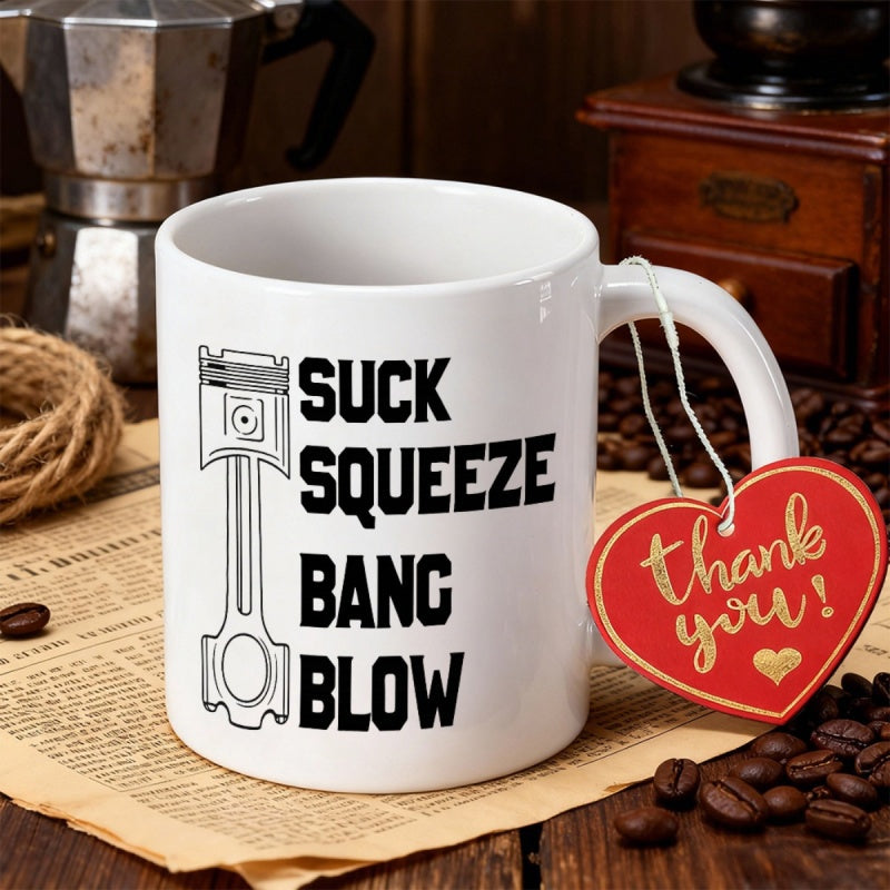 Tailorly White Ceramic 11 oz Mug - Suck Squeeze Bang Blow Detailed Mechanical Engine Piston Illustration For Car Garage Decor Piston