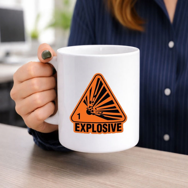 Tailorly White Ceramic 11 oz Mug - Explosive Warning Triangle Featuring Bold Black Radiating Blast Burst Graphics Sign