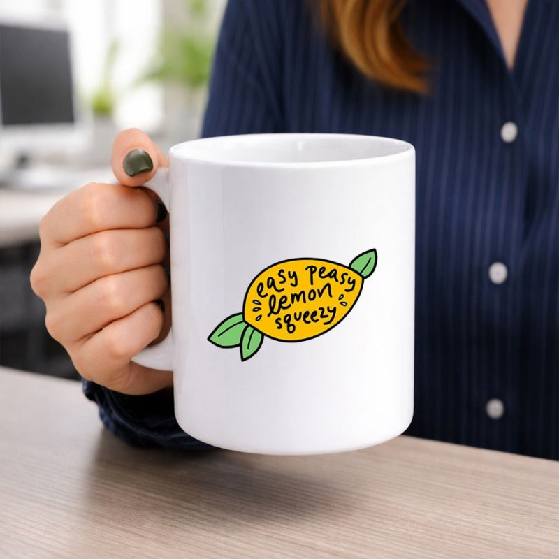 Tailorly White Ceramic 11 oz Mug - Easy Peasy Lemon Squeezy Vibrant Hand Drawn Yellow Fruit With Two Minimalist Green Leaves Lemon
