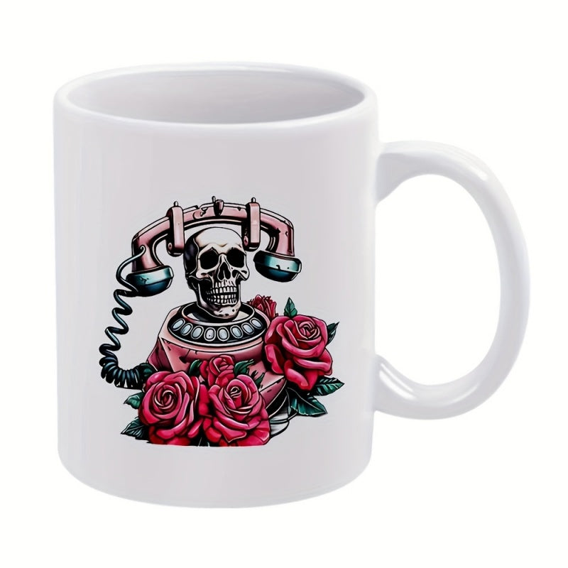 Tailorly White Ceramic 11 oz Mug - Vintage Pink Rotary Telephone With Human Skull And Red Roses Telephone