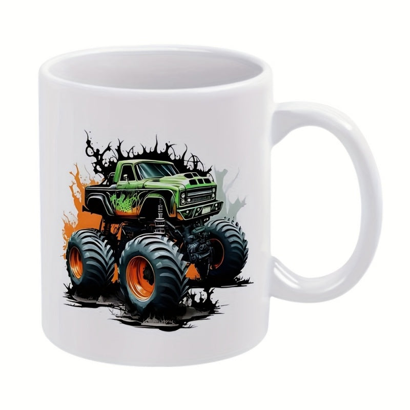 Tailorly White Ceramic 11 oz Mug - Powerful Green Vintage Body With Massive Tires Splashing Through Dirt Truck