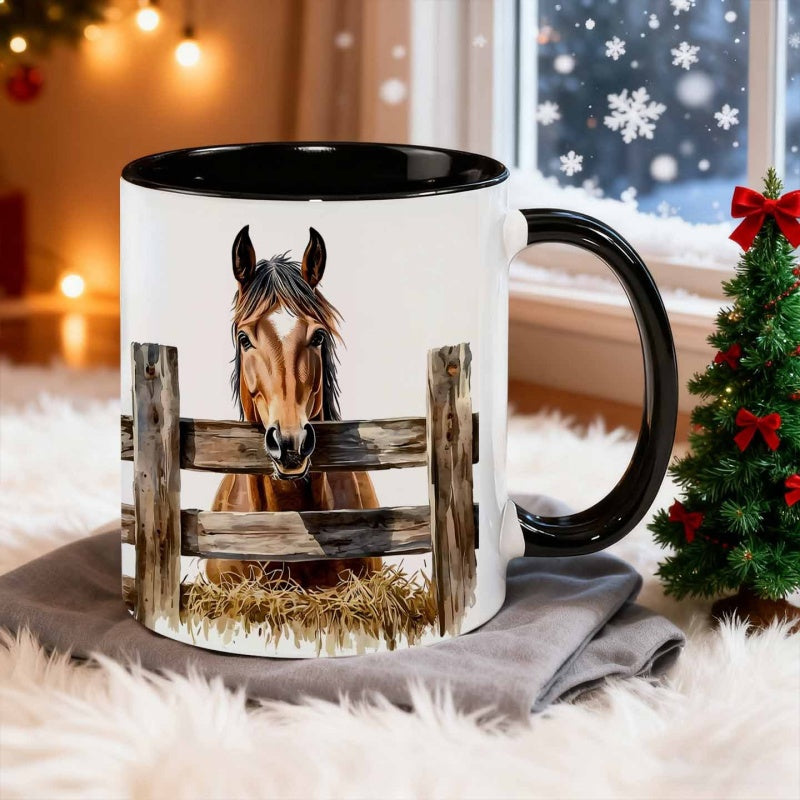 Tailorly Black Accent 11 oz Mug - watercolor style horse by fence