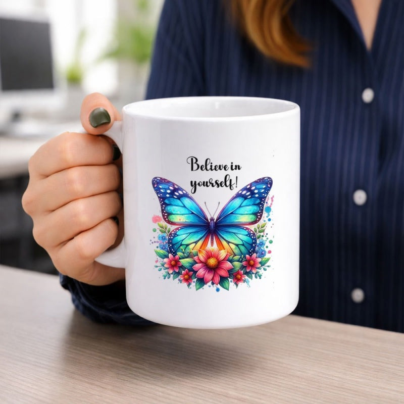 Tailorly White Ceramic 11 oz Mug - Believe In Yourself Vibrant Colorful Wings With Blooming Flowers Under Enchanting Garden Sunlight Butterfly