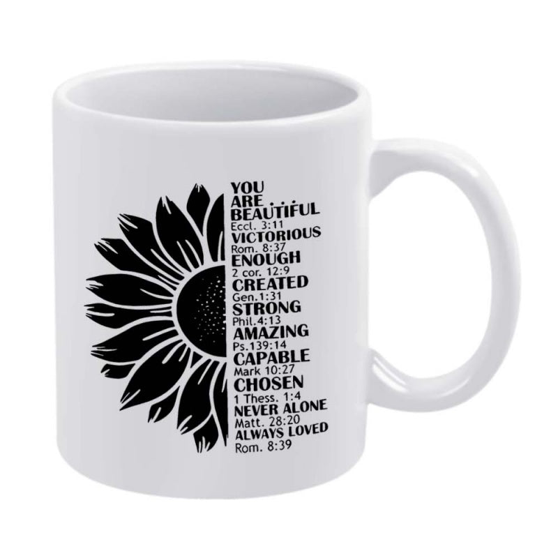 Tailorly White Ceramic 11 oz Mug - You Are Beautiful Victorious Enough Created Strong Amazing Capable Chosen Never Alone Always Loved Rustic Artistic Half Floral