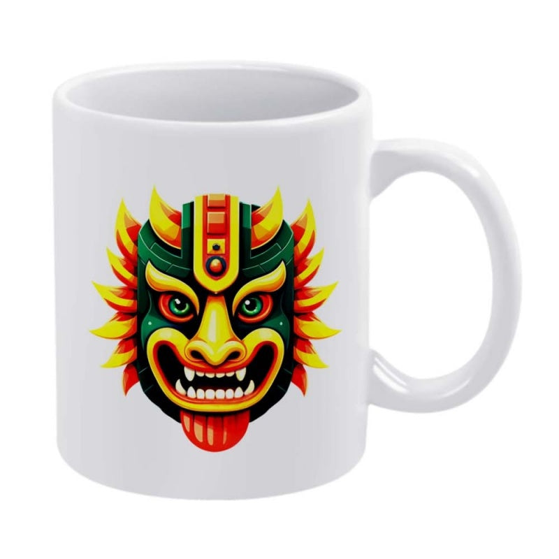 Tailorly White Ceramic 11 oz Mug - Vibrant Colorful Mythical Creature With Mechanical Details And Sharp Teeth Dragon Mask