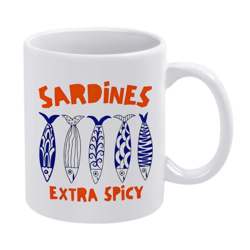 Tailorly White Ceramic 11 oz Mug - Sardines Extra Spicy Five Decorative Blue Fish With Unique Artistic Patterns In A Row Sardine