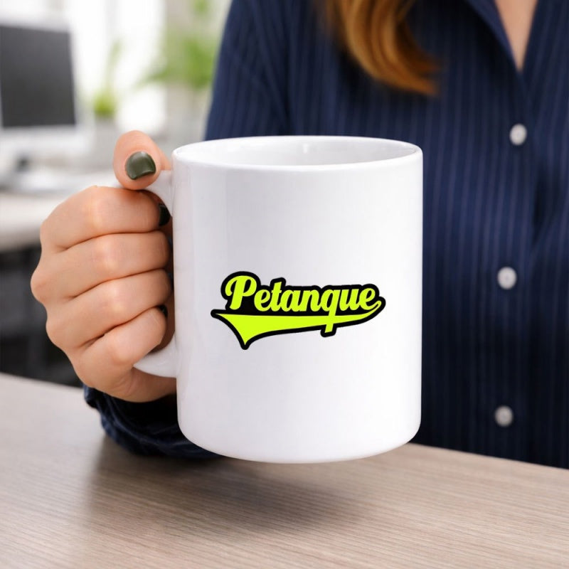 Tailorly White Ceramic 11 oz Mug - Petanque Vibrant Green Script Lettering Featuring A Retro Sports Style Underline Petanque