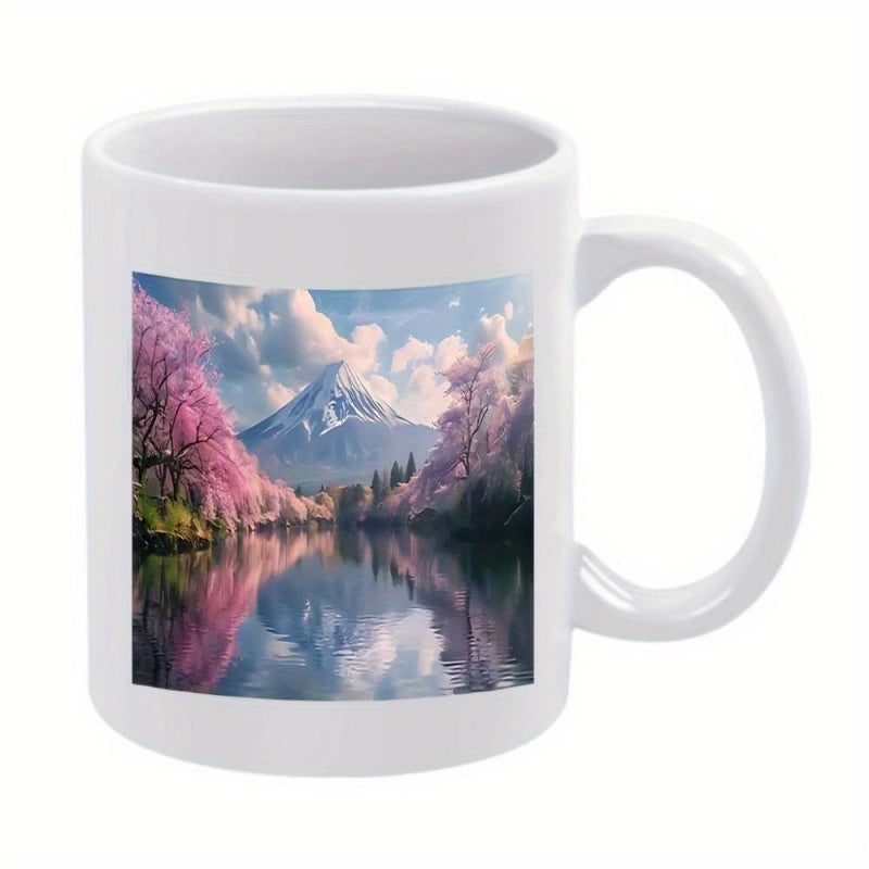Tailorly White Ceramic 11 oz Mug - Majestic Snow Capped Peak Reflecting On Still Water Surrounded By Cherry Blossoms Mountain