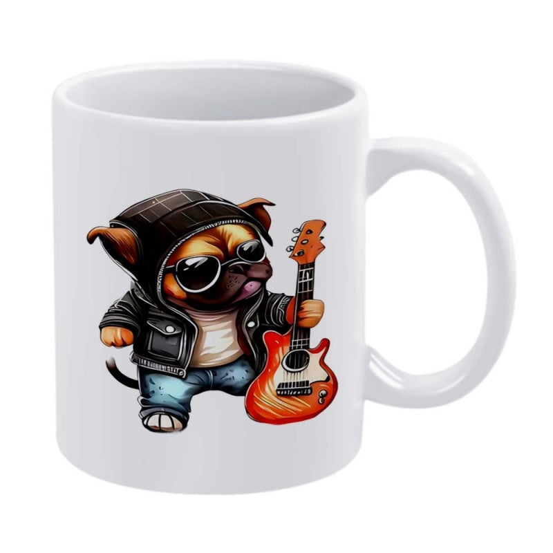 Tailorly White Ceramic 11 oz Mug - Cool Rocker Wearing Sunglasses And Leather Hoodie Playing Electric Guitar Pug