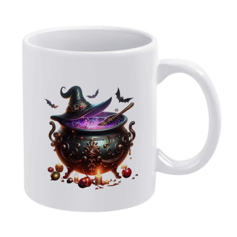 Tailorly White Ceramic 11 oz Mug - Mystical Bubbling Purple Liquid Inside Ornate Magic Witch Hat Cauldron