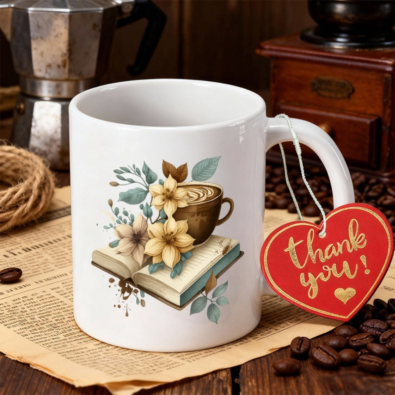Tailorly White Ceramic 11 oz Mug - Thank You Artistic Illustration Of Open Book And Floral Blooms With Steaming Coffee Mug