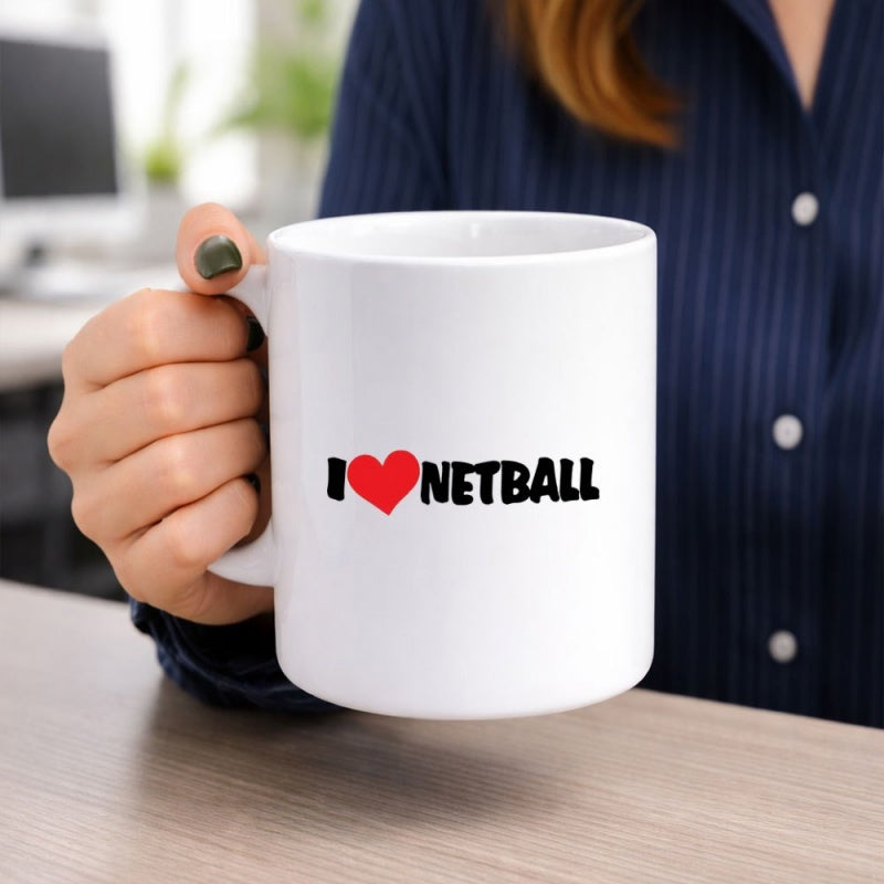 Tailorly White Ceramic 11 oz Mug - I Netball Simple Red Heart Icon Placed Within Minimalist Sporting Themed Text Layout Heart