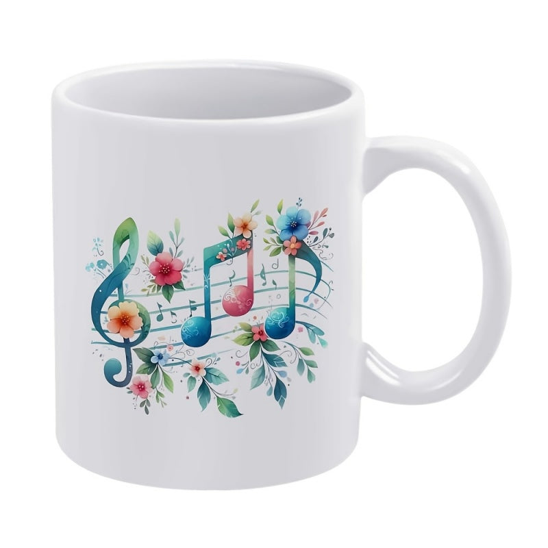 Tailorly White Ceramic 11 oz Mug - Colorful Watercolor Staff Featuring Vibrant Blooming Flowers And Graceful Musical Note