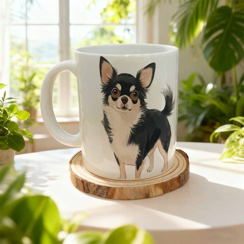 Tailorly White Ceramic 11 oz Mug - Graceful Black And White Long Haired Dog Standing Alertly With Large Expressive Eyes Chihuahua