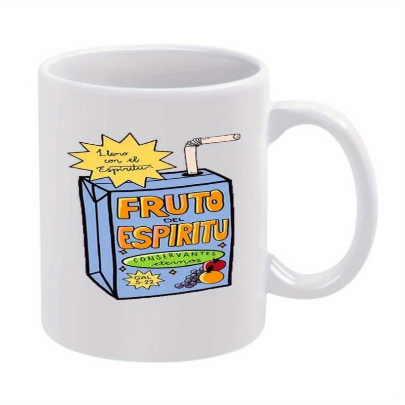 Tailorly White Ceramic 11 oz Mug - Playful Cartoon Illustration Of A Blue Refreshing Drink With Straw Carton