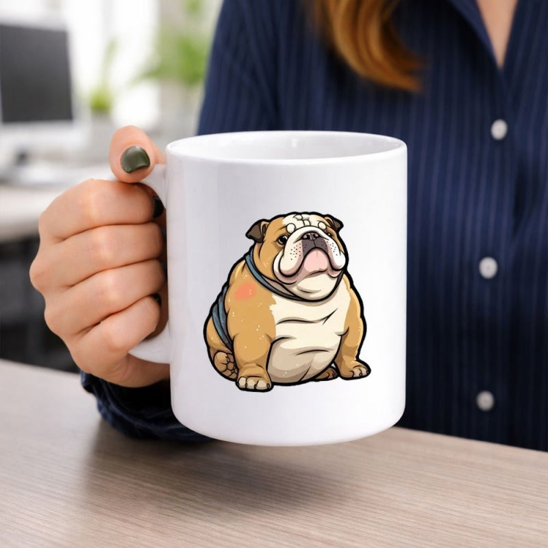 Tailorly White Ceramic 11 oz Mug - Charming Cartoon Style Sitting Dog With Stoic Expression English Bulldog