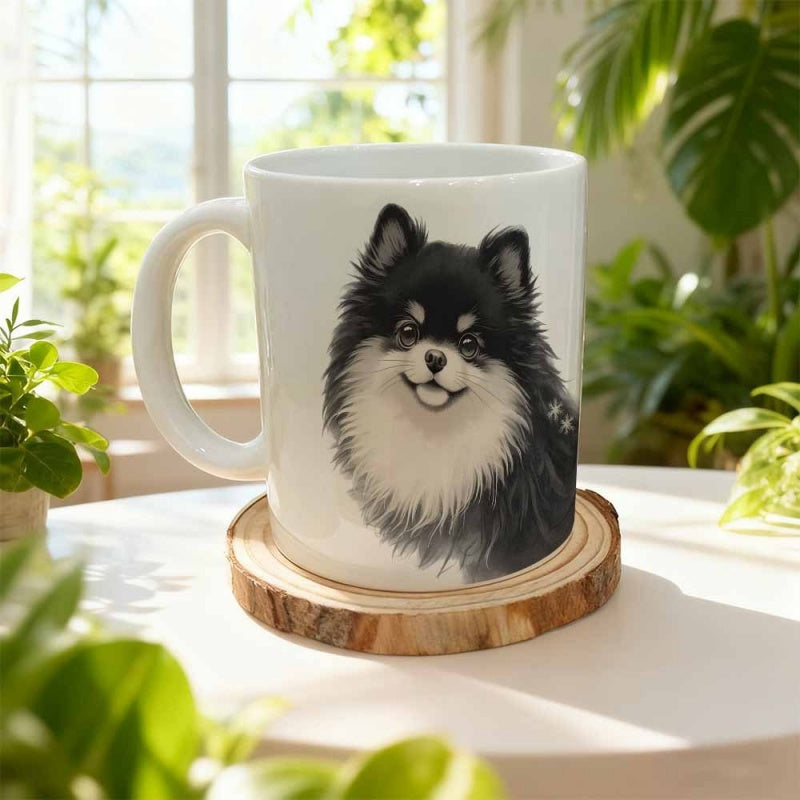 Tailorly White Ceramic 11 oz Mug - Adorable Black And White Fluffy Pomeranian With A Friendly Smiling Face Dog