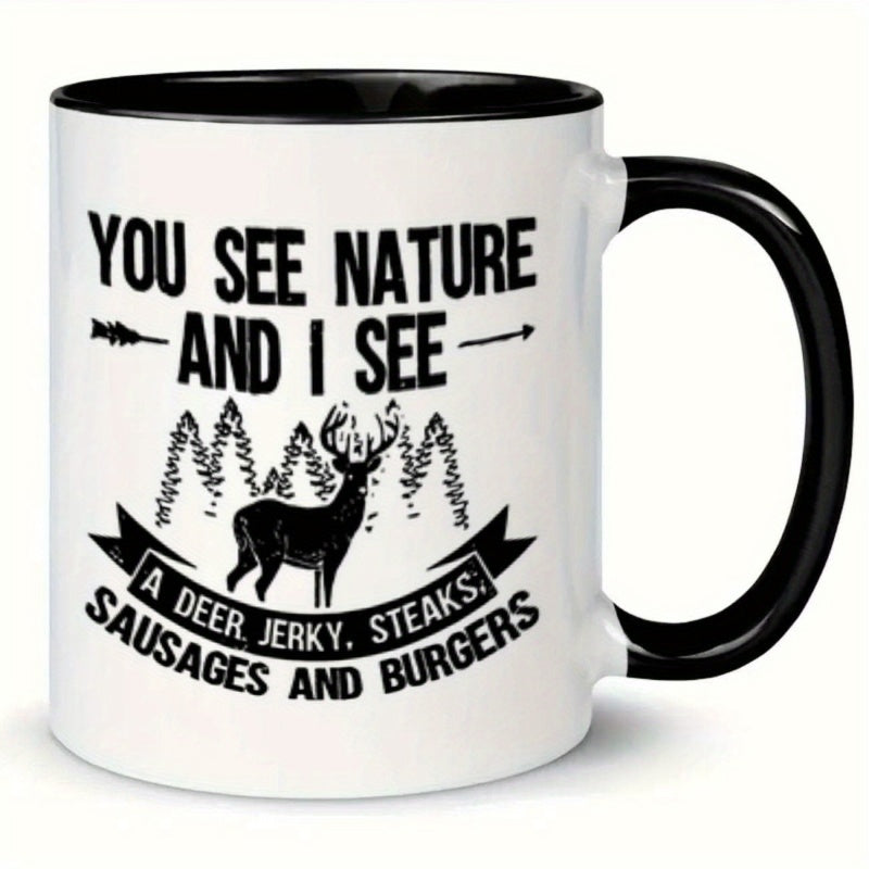 Tailorly Black Accent 11 oz Mug - deer， trees， text