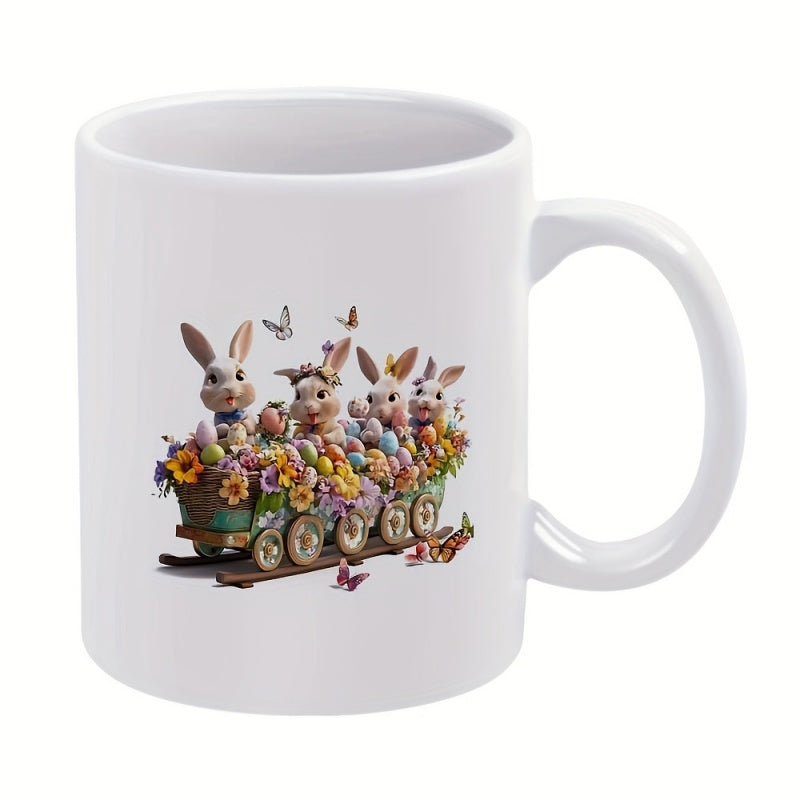Tailorly White Ceramic 11 oz Mug - Adorable Group Of Easter Bunnies Inside A Cart Full Of Flowers Rabbit