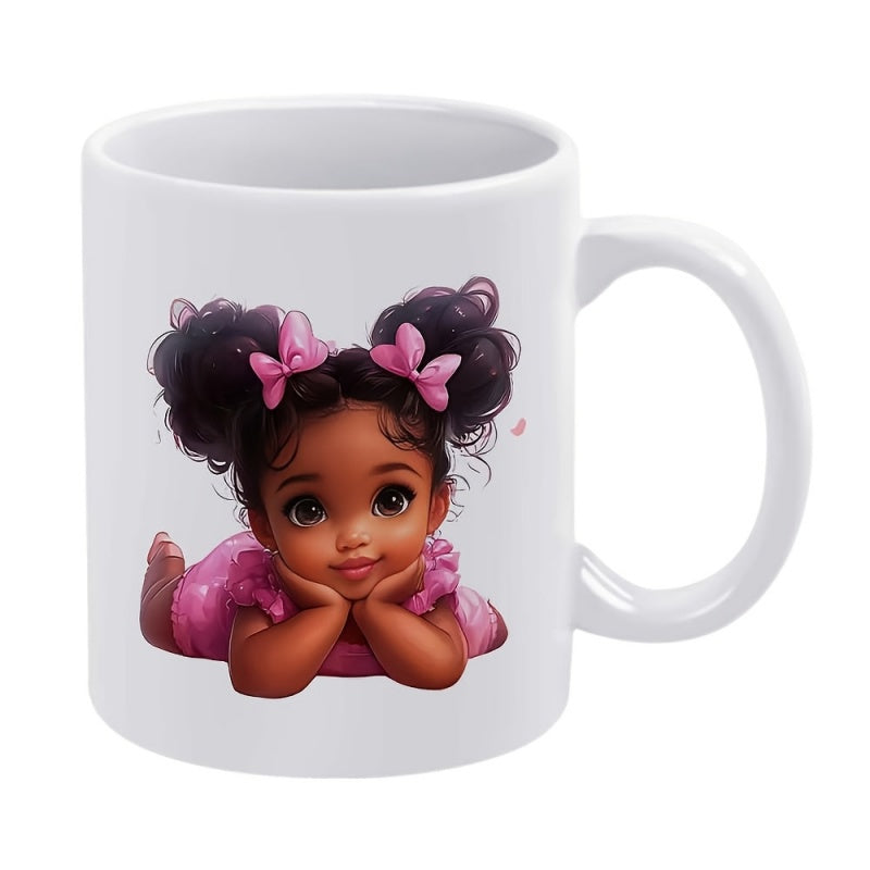 Tailorly White Ceramic 11 oz Mug - Adorable Little African American Wearing Pink Bows Resting On Hands Girl