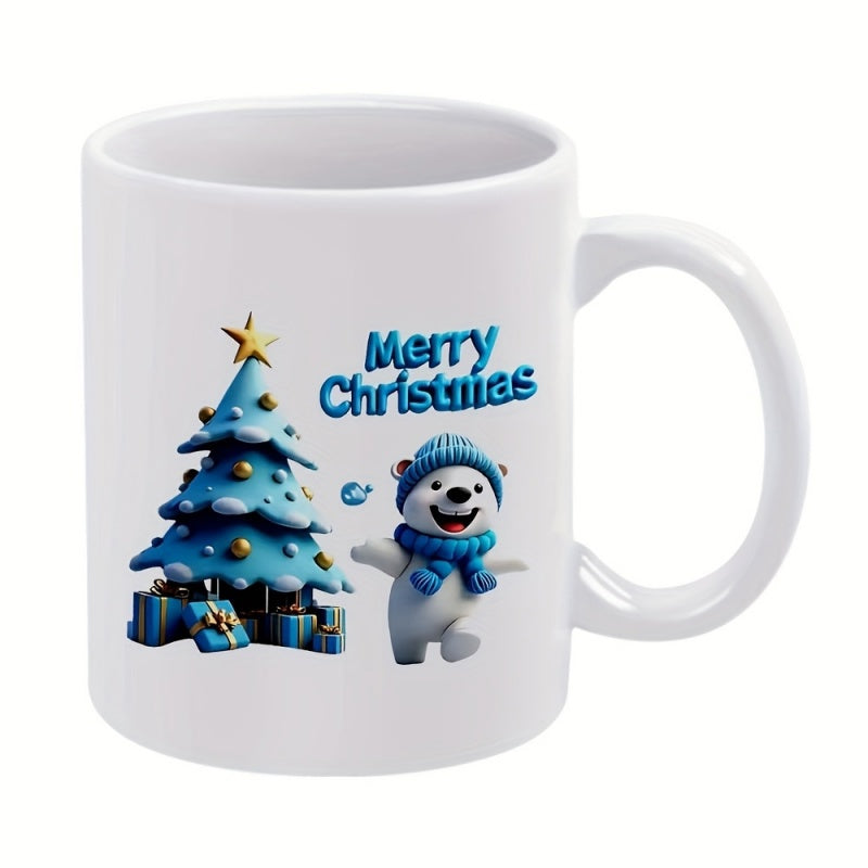 Tailorly White Ceramic 11 oz Mug - Merry Christmas Cute Blue 3D Cartoon Polar Bear Wearing Scarf Beside Snowy Decorated Christmas Tree