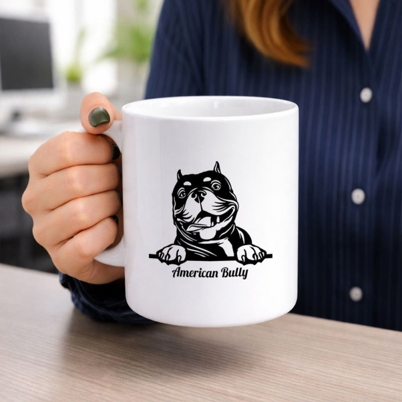 Tailorly White Ceramic 11 oz Mug - American Bully Peeking Over A Horizontal Ledge With Happy Paws Showing A Cute Smile Dog