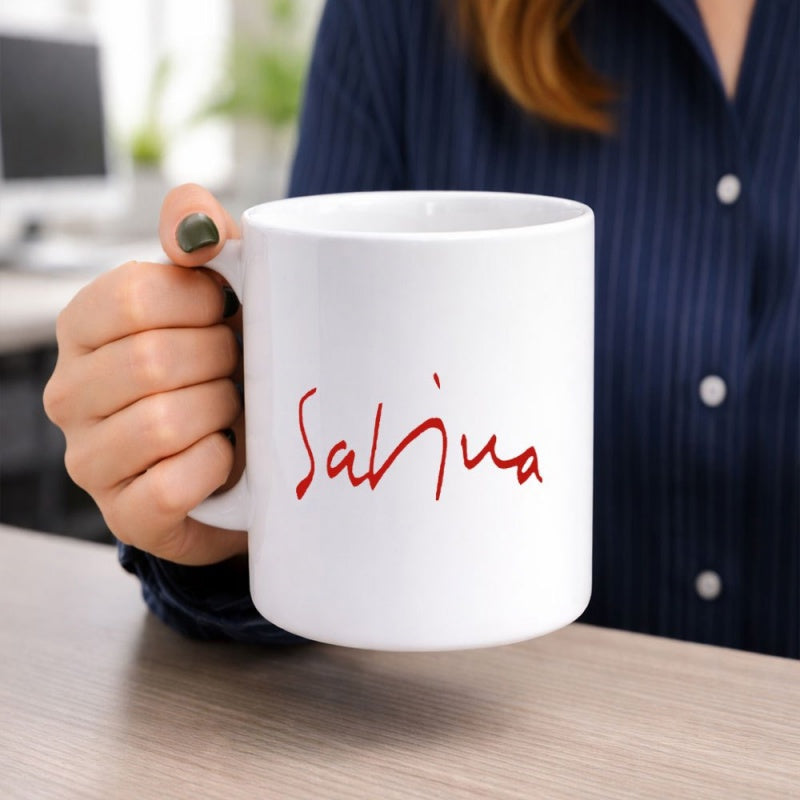 Tailorly White Ceramic 11 oz Mug - Sabina White Ceramic Minimalist Red Handwritten Script Smooth Clean Mug