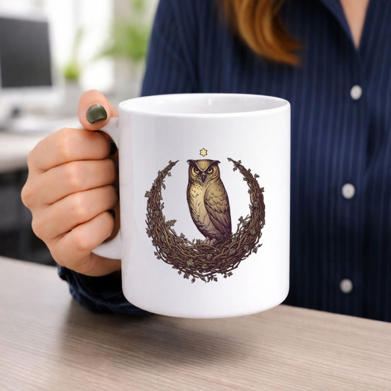 Tailorly White Ceramic 11 oz Mug - Majestic Wise Bird Perched Within A Circular Floral Branch Wreath Owl