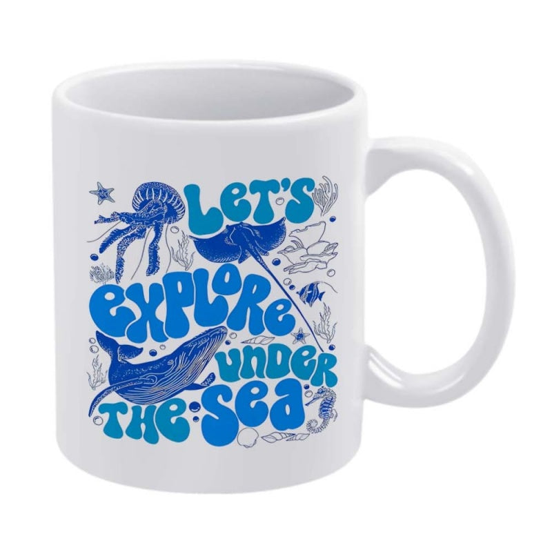 Tailorly White Ceramic 11 oz Mug - Lets Explore Under The Sea Intricate Marine Life Featuring Jellyfish And Stingray Swimming Near A Majestic Blue Whale