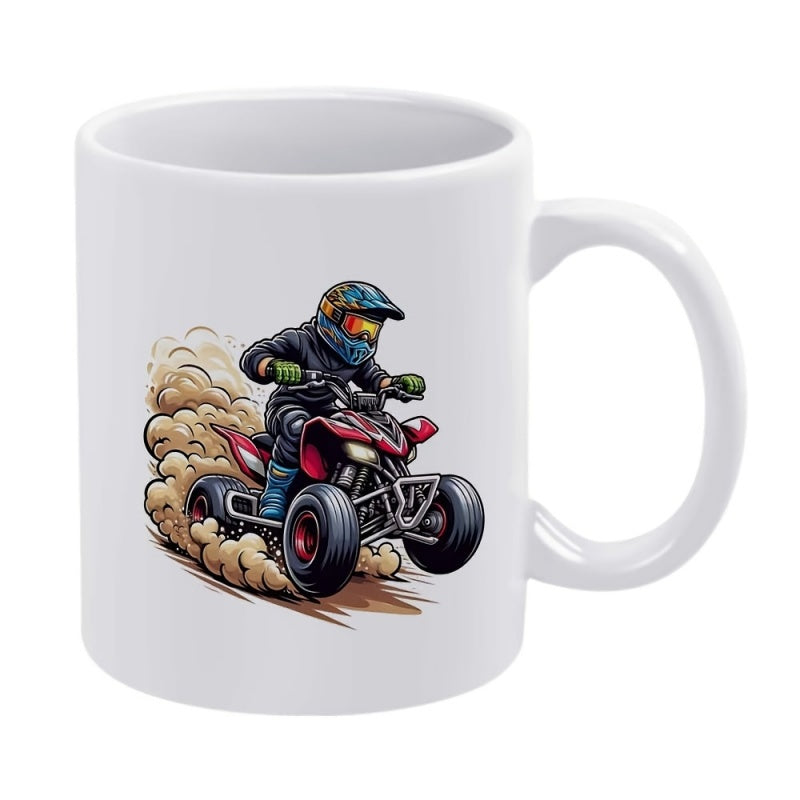 Tailorly White Ceramic 11 oz Mug - Energetic Racer Riding Red Quad Bike Through Swirling Desert Dust ATV