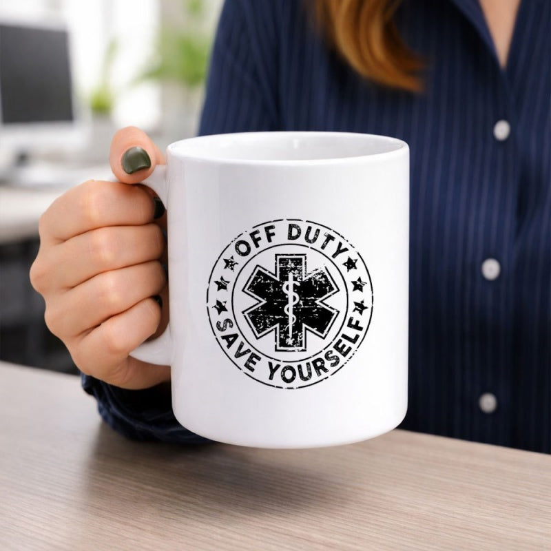 Tailorly White Ceramic 11 oz Mug - Off Duty Save Yourself Distressed Circular Medical Seal Featuring The Classic Life Emblem