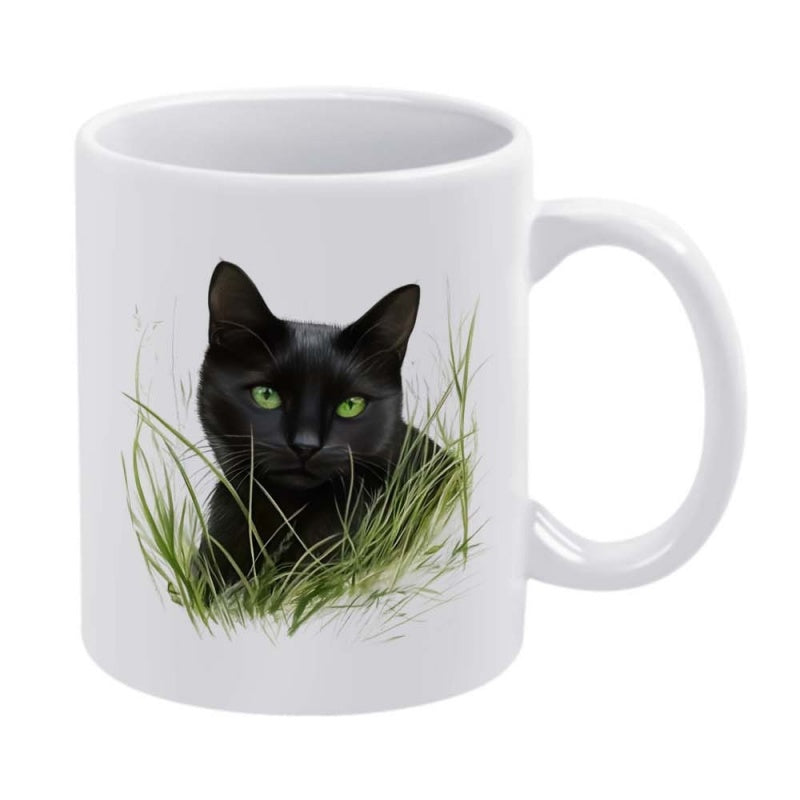 Tailorly White Ceramic 11 oz Mug - Realistic Black Cat With Vibrant Green Eyes Hiding In Green Grass Cat