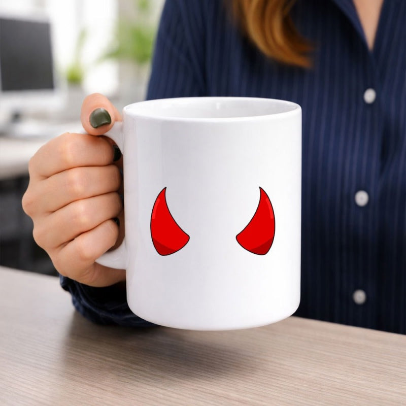 Tailorly White Ceramic 11 oz Mug - Bold Red Minimalist Style Symmetrical Curved Pointy Devil Horns