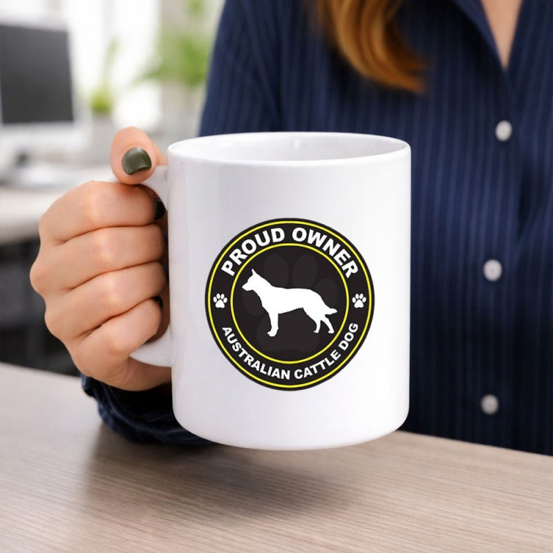 Tailorly White Ceramic 11 oz Mug - Proud Owner Australian Cattle Dog Circular Emblem Featuring Minimalist Canine Silhouette Set Within Dark Paved Frame Dog