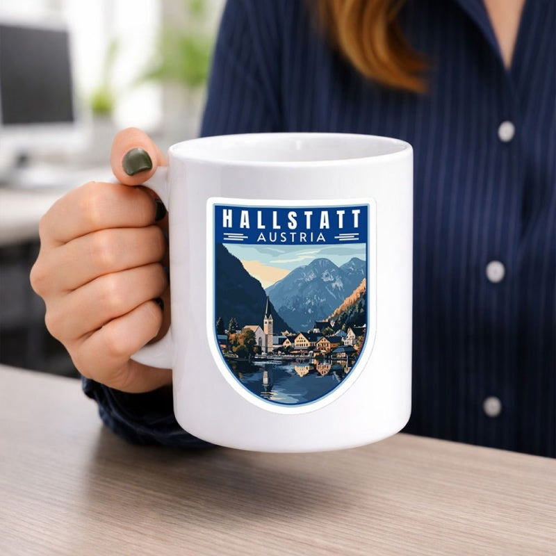 Tailorly White Ceramic 11 oz Mug - Hallstatt Austria Serene Mountain Village Reflected On Calm Blue Lake Water Landscape