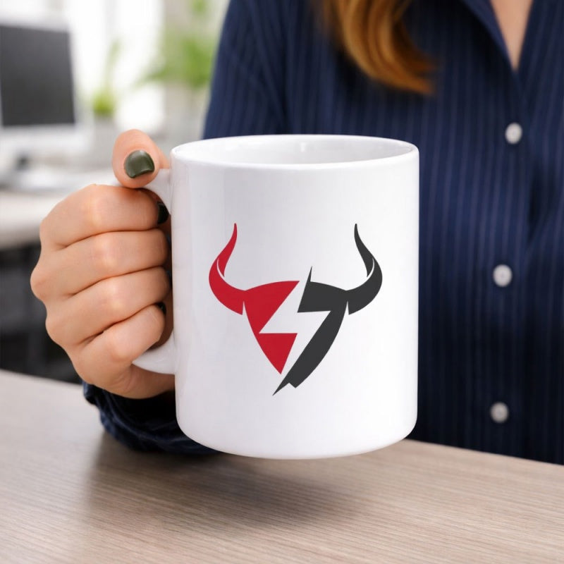 Tailorly White Ceramic 11 oz Mug - Minimalist Sharp Edge Horned Creature Featuring Central Electric Lightning Bolt Bull