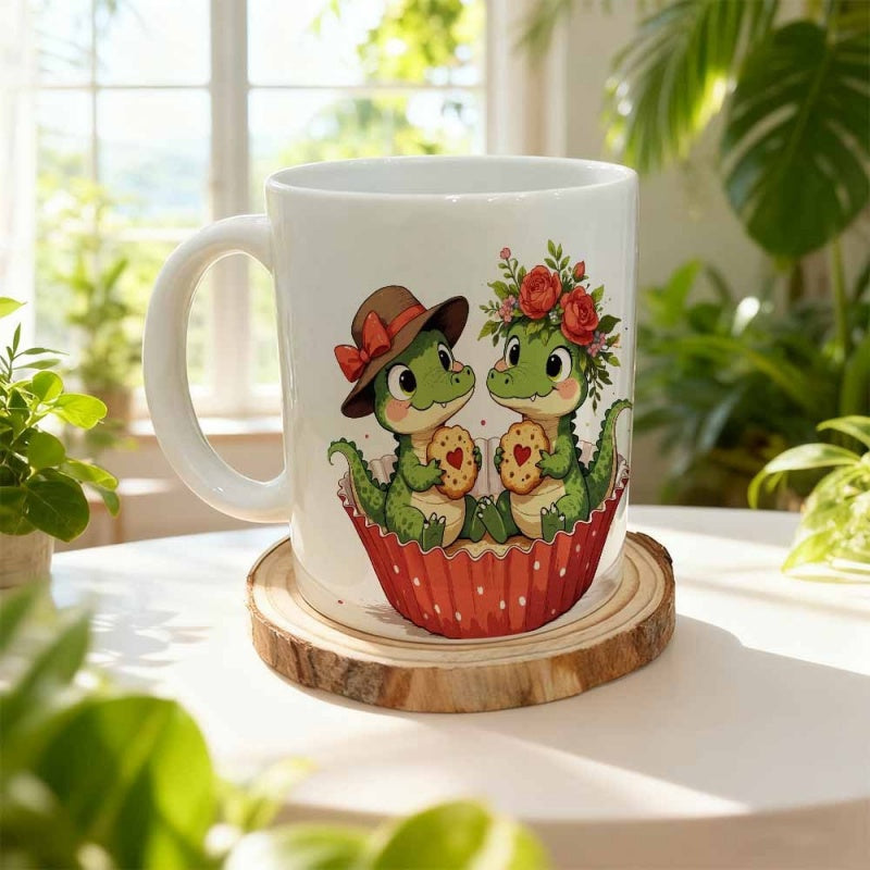 Tailorly White Ceramic 11 oz Mug - Two Cute Baby Dinosaurs Sharing Heart Cookies In A Cupcake Liner Dinosaur