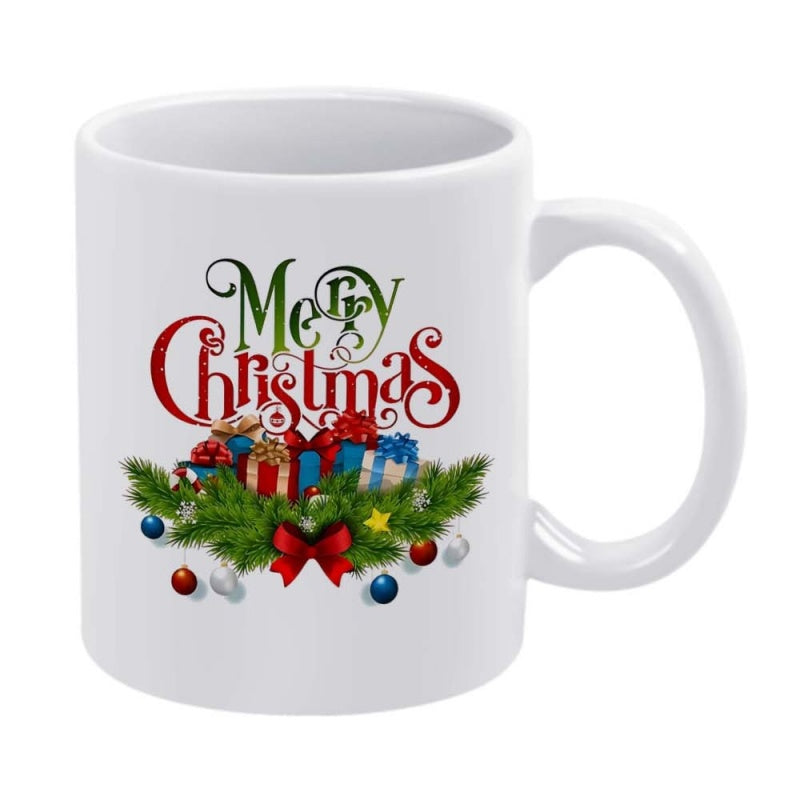Tailorly White Ceramic 11 oz Mug - Merry Christmas Festive Fir Branches With Colorful Gift Boxes And Radiant Red Ribbon Mug