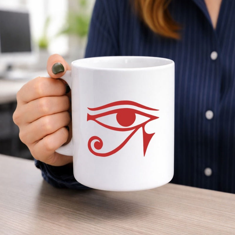 Tailorly White Ceramic 11 oz Mug - Ancient Symbols Representing Protection And Health In Red Eye