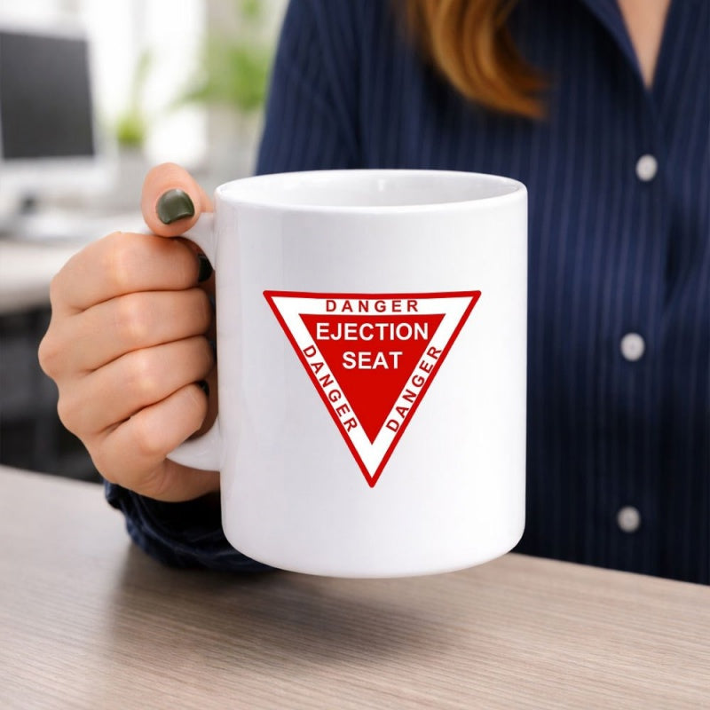 Tailorly White Ceramic 11 oz Mug - Danger Ejection Seat Classic Aviation Warning Symbol Featuring Bold Red Geometric Design Inverted Triangle